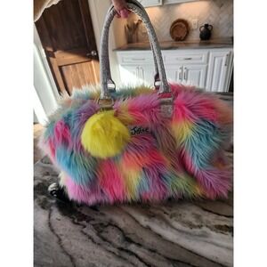 Justice Girls Rainbow Faux‎ Fur Rolling Duffle Bag Glitter Handles Light Wheels